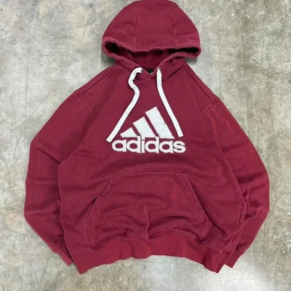 Y2K Burgundy and White Adidas‎ Hoodie Size L