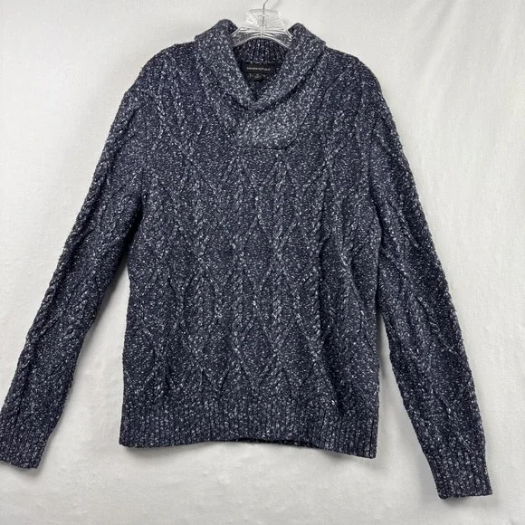 Banana Republic Sweater Mens M Shawl Collar Cable Knit Navy Blue Confetti