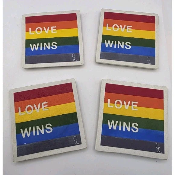 Pride Flag Love Wins Rainbow Coaster Set Barwear Cork Clay Artisan June LGBT