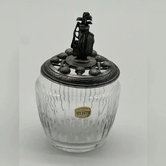 ATLANTIS Silver Mounted Lid Crystal Glass Candy Display‎ Vanity Trinket PORTUGAL