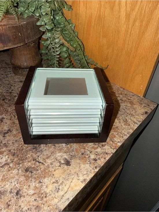 Crate & Barrel Swing Espresso Photo Coasters Square Glass SET 4 & Holder