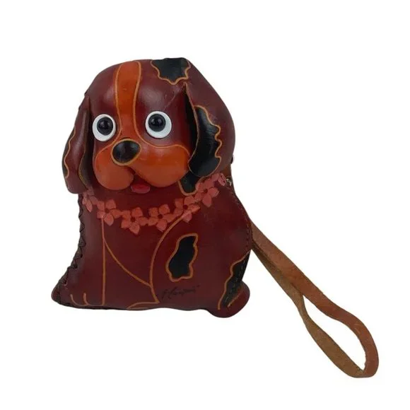Dog Puppy Wristlet Purse Hawaiian Lei Zipper Brown Leather Small Child Travel