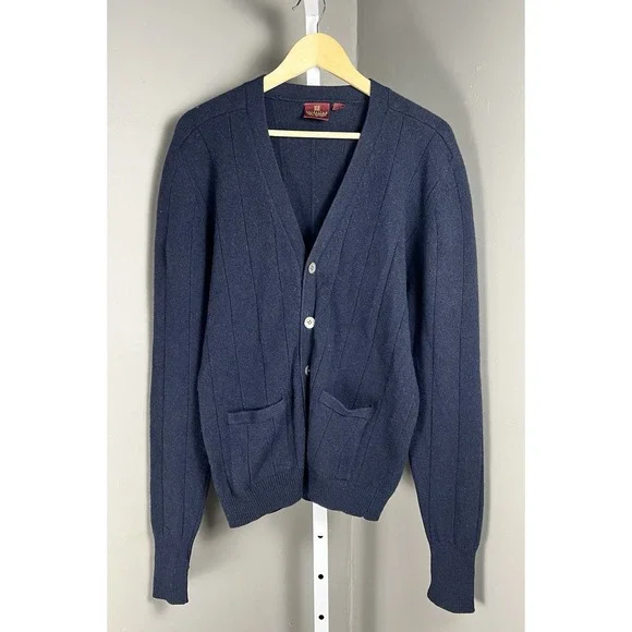 VTG Nordstrom L Lambswool Button Up Cardigan Sweater Navy Grandpacore Damage