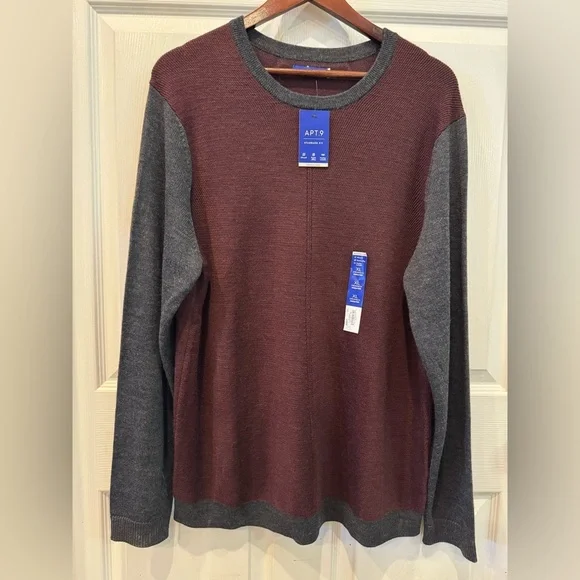 Apt. 9 Men’s Burgundy/Gray‎ Merino Wool Blend Crewneck Sweater Size XL NWT