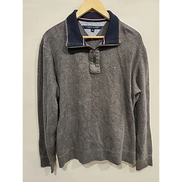 Tommy Hilfiger 1/4 Zip Pullover Sweater Mens L Grey, Long Sleeve 100% Cotton EUC