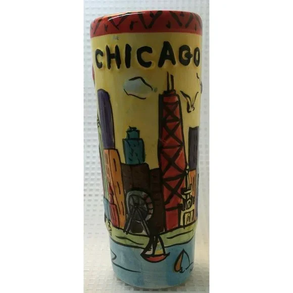 Chicago Tall Double Ceramic shot glass, skyline, birds, Lake Michigan, sailboats