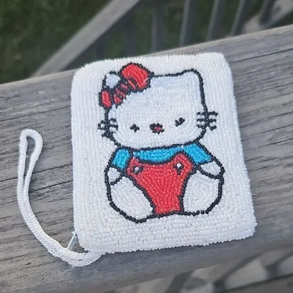 Hello Kitty Beaded Coin Purse Zip Pouch Wristlet