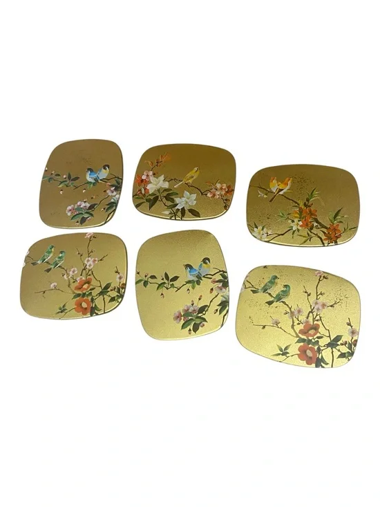 Elite Made In England Vintage Gold Cottage Core Bird Themed Gold Drink Coasters