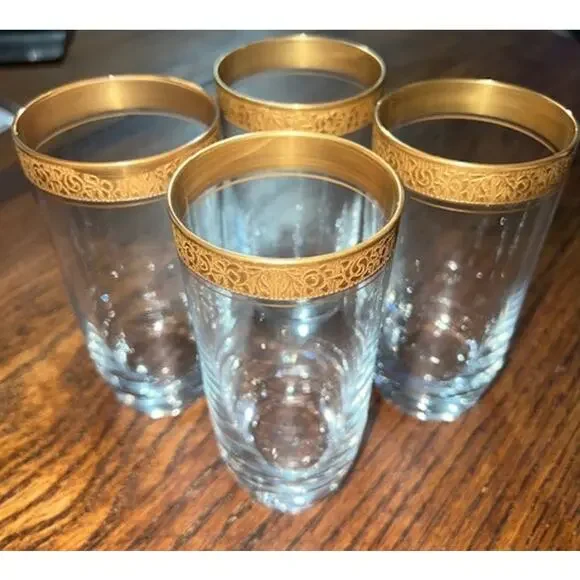 GLASTONBURY LOTUS ELEGANT GLASS RAMBLER ROSE 5.5”x2.75” HIGHBALL GOLD (set of 4)