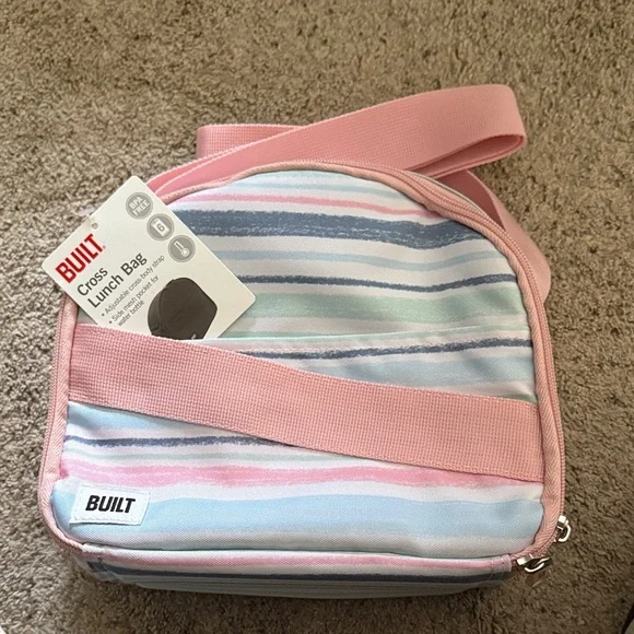 BUILT Pastel Striped Insulated Crossbody Lunch Bag with Pink Strap