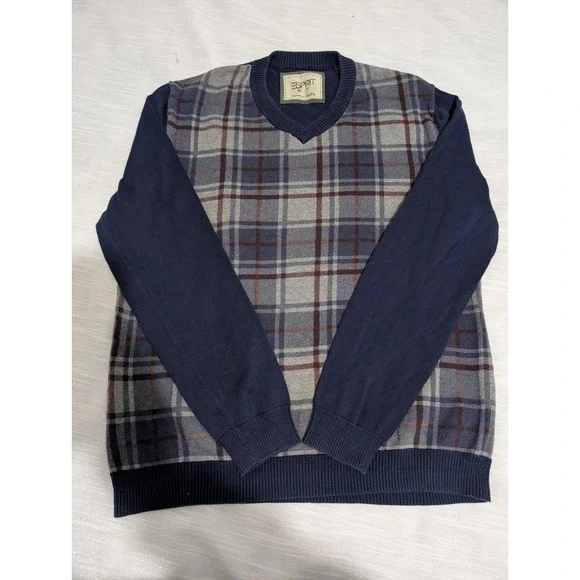 Y2K Esprit Men's V-Neck Plaid Sweater Large Blue Gray Maroon Cotton Long Sleeve‎