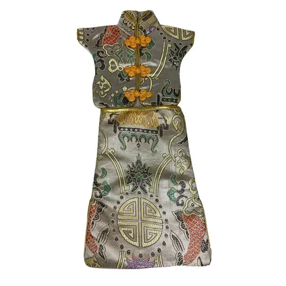 Chinese Dress Cheongsam Qipao Clothes Wine Bottle Cover Decoration Gold Brocade