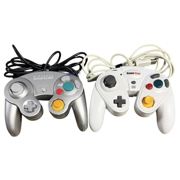 Nintendo GameCube OEM Silver Controller W/Gamestop Turbo Controller Lot (2) READ