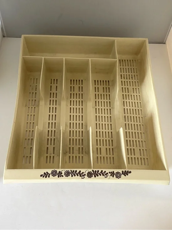 Vintage Silverware Flatware Drawer Organizer Tray Beige Floral Labeled 6 Section