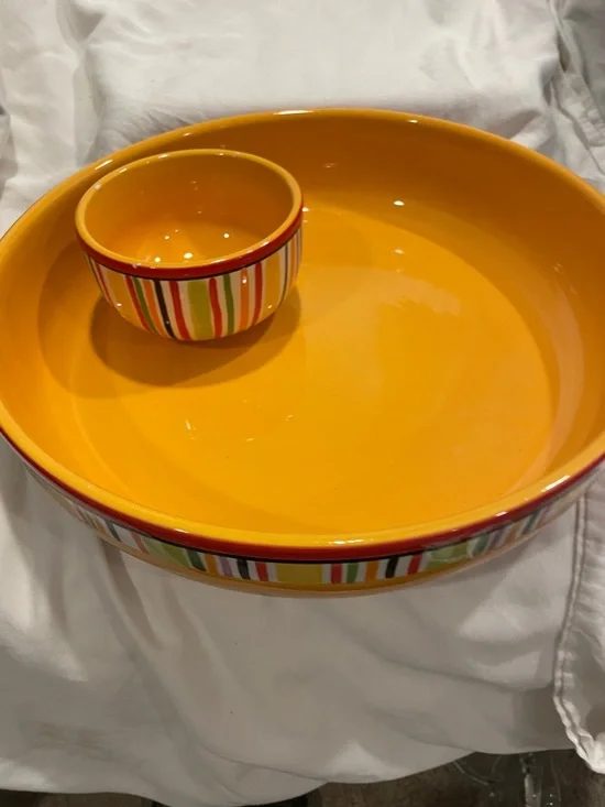 Crate&Barrel Yellow and Red Striped Ceramic Serving Bowl