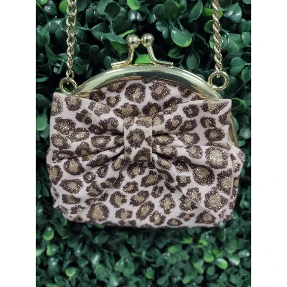 Gymboree Girls Leopard Print Glitter Bow Coin Purse‎ Pink Gold Chain Strap