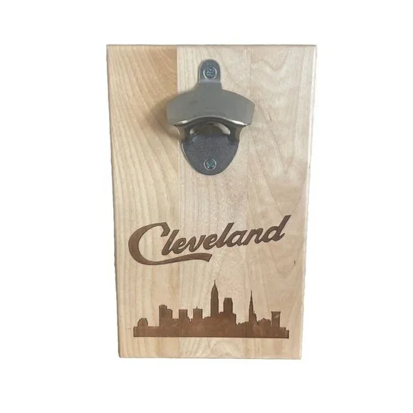 Wooden Cleveland Skyline Engraved Wall Mount Bottle Opener Souvenir City