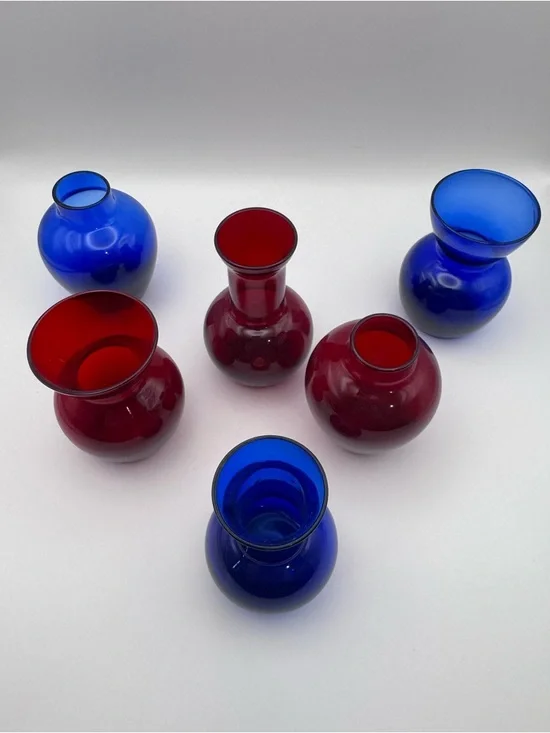 Crate & Barrel Bud Vases Set of 6 Ruby Red & Cobalt Blue NEW/NIB Home Decor