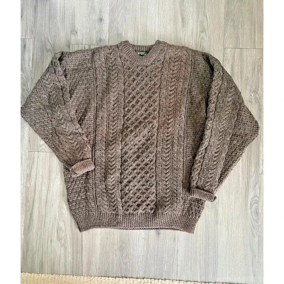 Orvis Wool Sweater Mens XL Brown Cable Knit Crewneck Ireland Fishermans Vtg