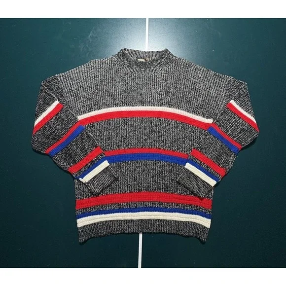 Vintage Chunky Knit Sweater Men's Small Gray‎ Striped Marled Fisherman Crewneck