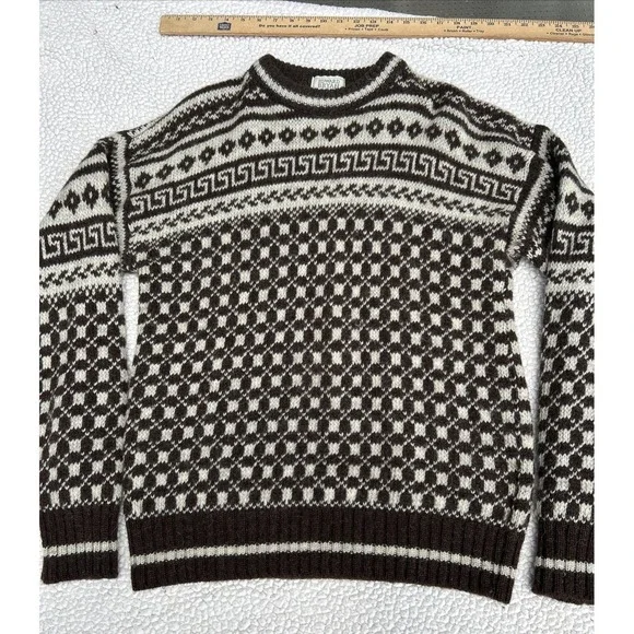 Edward Bryan Mens XL Wool Sweater Brown Cream Greek Key Made in England