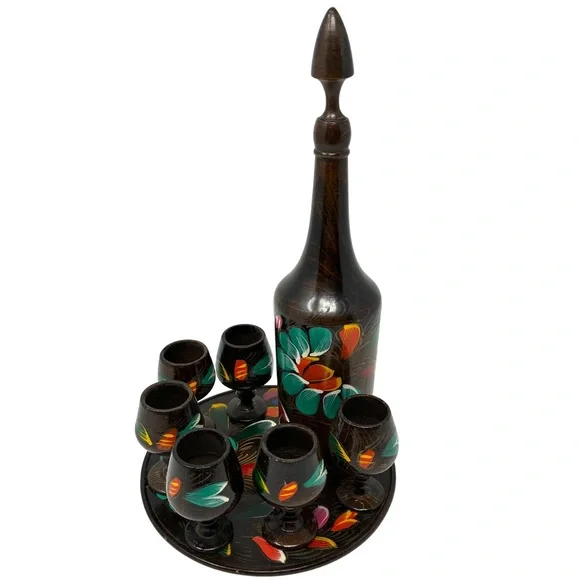 Mid Century Hand-Painted Wooden Decanter Set Folk Art Bohemian Decor Vintage