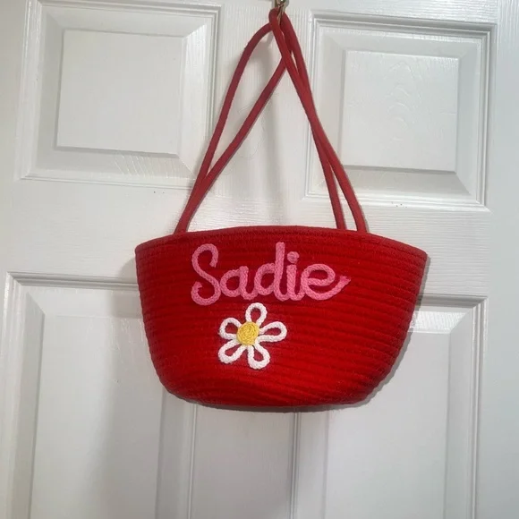 Red Tote Bag with Pink Embroidery‎