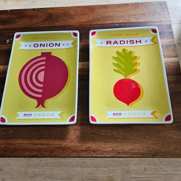 appetizer plates made to look like a seed packet two onion&radish crate&barrel