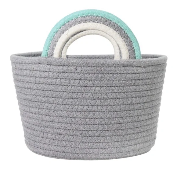 HD Designs Medium Gray Rope Basket Teal & White Rainbow Handles New with Tags