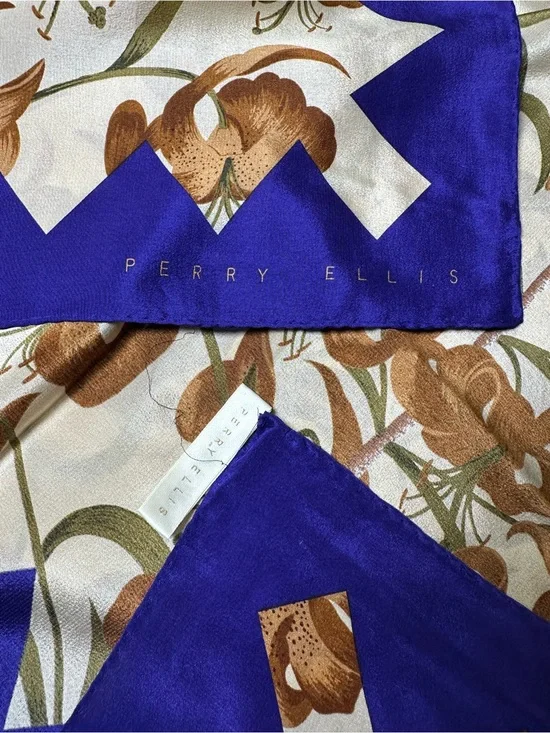 Perry Ellis Purple and Brown Floral 100% Silk Scarf
