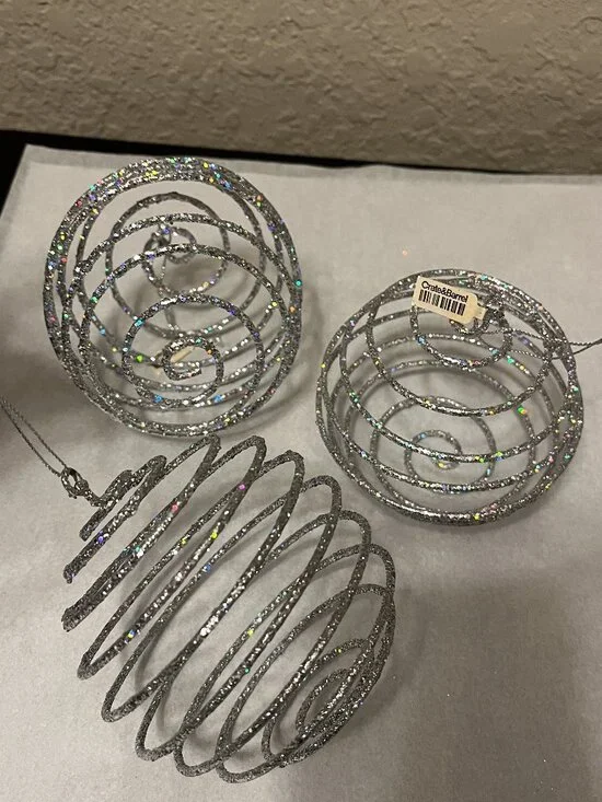 Set of 3 Crate & Barrel Silver Glittery Swirl Style Christmas Tree Ornaments