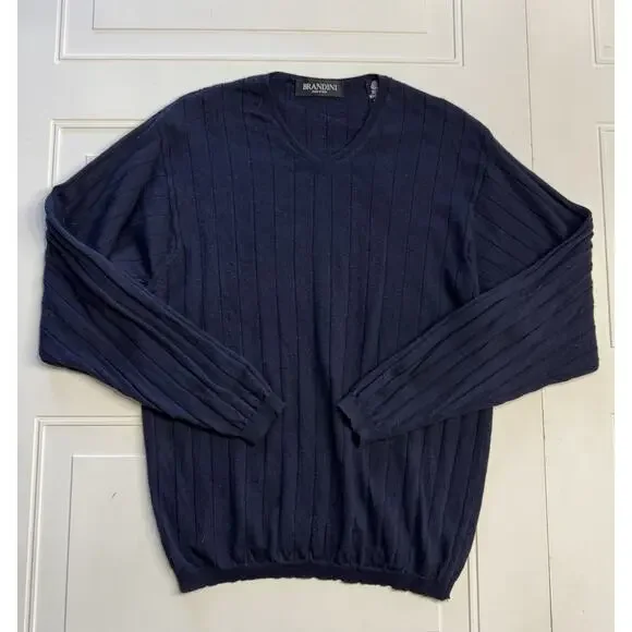 Brandini Navy Blue Merino Wool Ribbed Long Sleeve V Neck Sweater Men's Medium