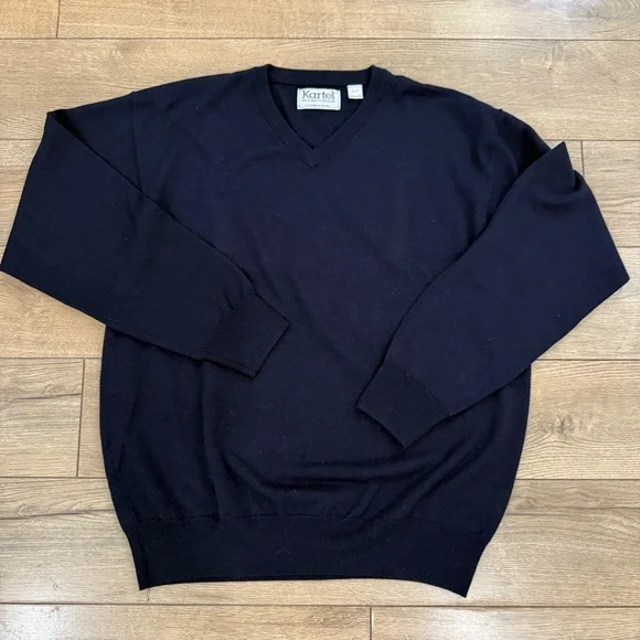 Kartel Sweater Mens XL Navy Blue V Neck Marino Wool Knit Long Sleeve Classic‎