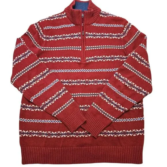 IZOD Ski Sweater Mens Large Heavy Quarter Zip Vintage Fair Isle Pullover‎