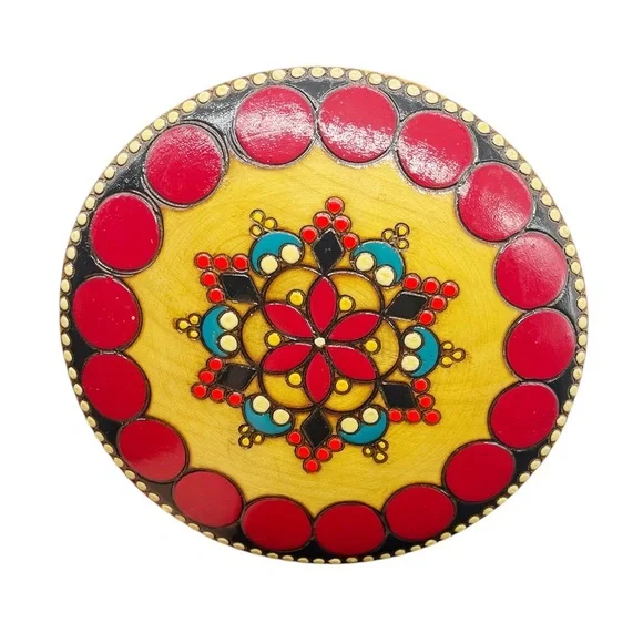 Romania Folk Art Wood Box Round Hand carved Painted Colorful Vintage Trinket