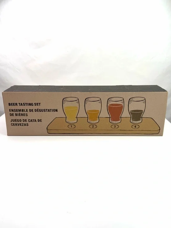 Crate & Barrel Beer Tasting Set 4 Glass Flight with Paddle NWT