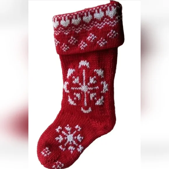 Crate & Barrel SNOWFLAKE Christmas Stocking Hand Knit Wool Red
