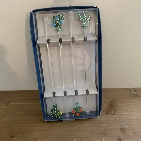 New Pier 1 Palm Cactus Swizzle Sticks Glass Drink Stirrers Mixed Set of 6