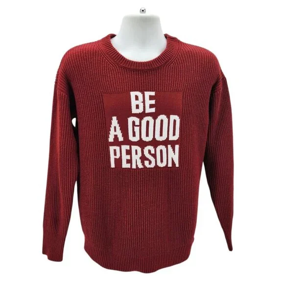 Be A Good Person Mens Small Sweater Spell Out Red White Knit Crewneck