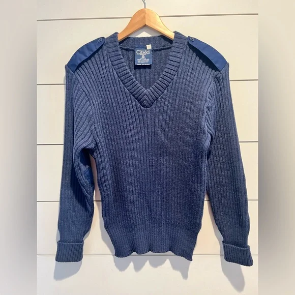 Citadel Sweater Mens 40 Blue Virgin Wool V-Neck Elbow Patch Ribbed Knit Military