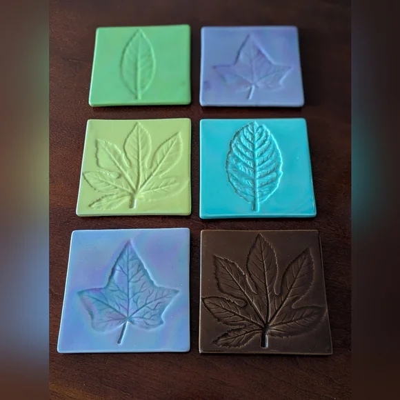 Crate&Barrel Set Of 6 Embossed Irredescent Leaf Coasters Italy