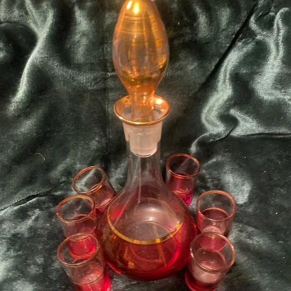 Vintage Elegant Cranberry Flash Gold Band Decanter Set 6 Cordials. Bohemia?