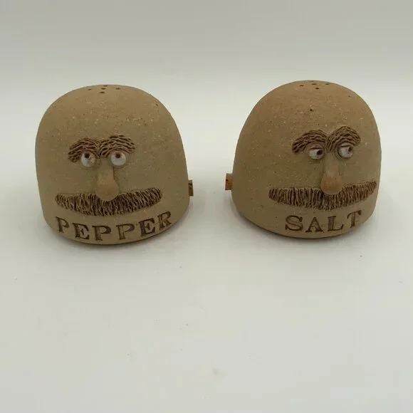 1981 Signed Marion Schlauch Salt & Pepper Shakers Stoneware Men with Mustaches