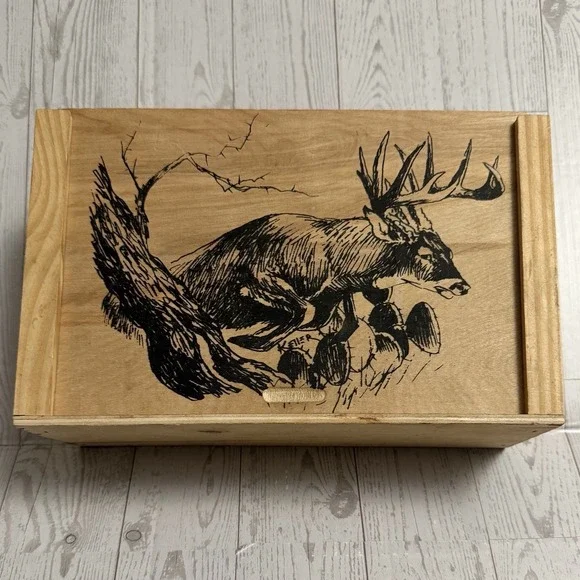 Decorative Hand Drawn Signed‎ Buck Deer Slide Top Wood Storage Box Trinket Ammo