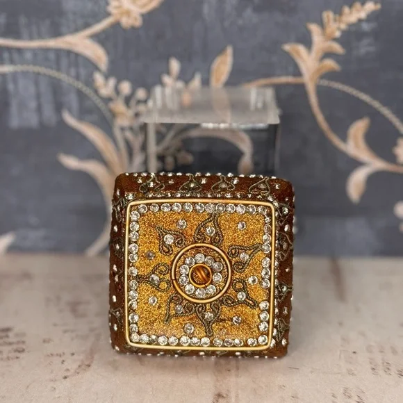 Vintage Gold Jeweled Trinket Box Rhinestone Enamel Square Ormolu Casket