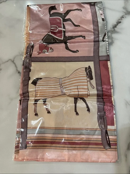 Silk-Feel Horse Print Scarf in Pink and Cream