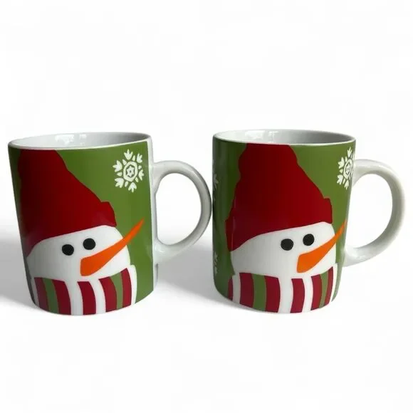 Crate&Barrel Green Snowman Snowflake Hot Cocoa Coffee Mug Set