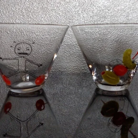 CB2 Crate & Barrel Oliver Martini Cocktail Glasses Stabbed Olive