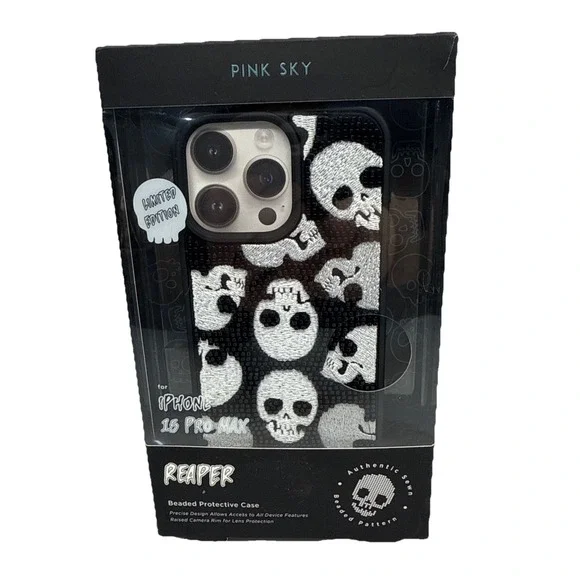 Pink Sky REAPER SKULL iPhone 16 PRO Max Case Beaded Limited Edition Halloween