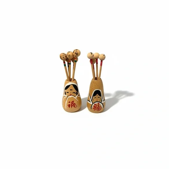 Vintage Kokeshi Toothpick Holder Set 2 Wood Hand Painted Japanese 3
